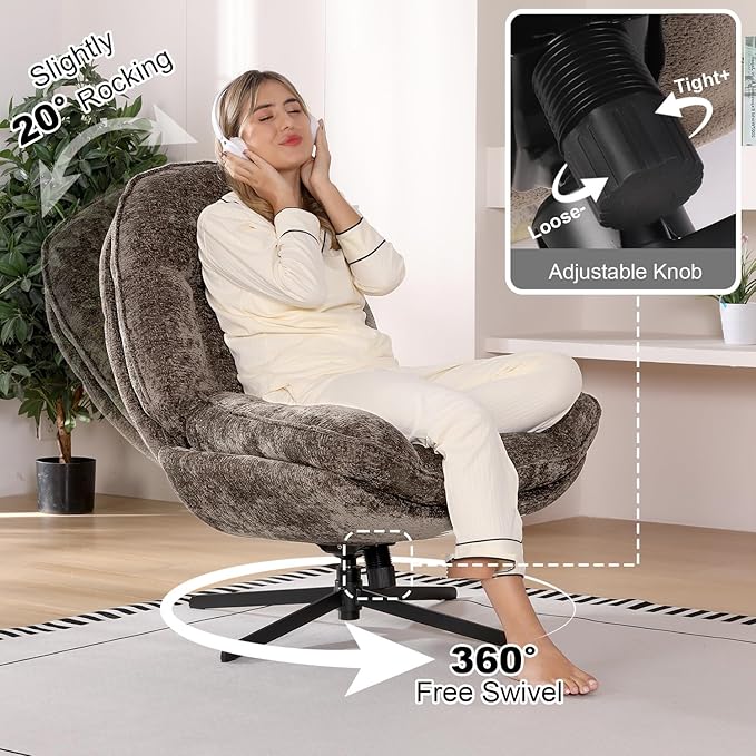 1 Pack 360°Free Swivel Accent Chair for Living Room, Slightly 20°Rocking, 24" High Backrest Upholstered Armchair, Ergonomic Design, Chenille Breathable Soft Fabric Modern Single Sofa, Brown