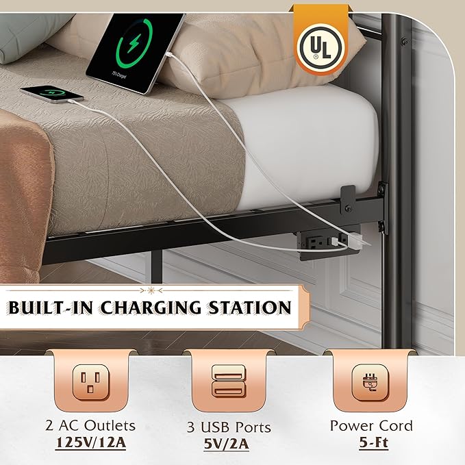 WLIVE Metal Platform Bed Frame, Full Size Bed Frame with Headboard, Bed Frames with LED Lights and Charging Station, 1500LBS Mattress Foundation, Under Bed Storage, No Box Spring Needed, Black