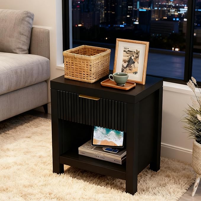 Nightstand Set of 2, Bed Side Table with Storage, Farmhouse End Table with 2 Drawers, Fluted Cabinet Bedside Cabinet for Bedroom Living Room Sofa Couch Office, Black Oak