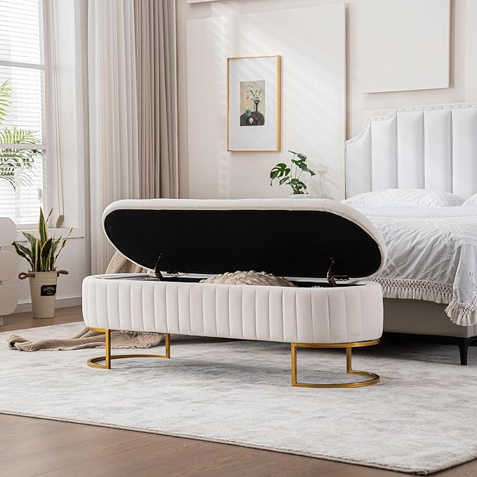 Velvet Storage Bench for Bedroom, Modern Tufted End of Bed Bench for King Size Bed, Upholstered Long Ottoman Bench with Gold Legs for Living Room/Entryway (Ivory White, 55" Wide)