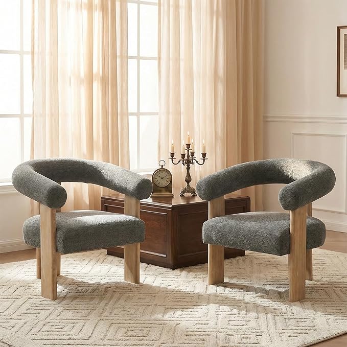 VKNOW Accent Chair Living Room Chairs Set of 2, Modern Upholstered Arm Chair with Solid Wood Legs, Comfy Barrel Accent Chairs for Living Room, Bedroom, Dark Grey