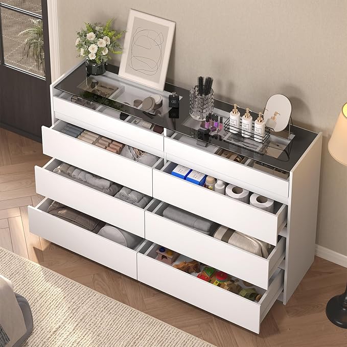 White 8 Drawer Dresser for Bedroom, Modern Chest of Drawers, Jewelry Dresser Display with Glass Top and LED Light, Dressers Organizer for Bedroom, Closet, Living Room