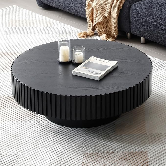 LKTART Round Coffee Table for Living Room, Accent Fluted Drum Coffee Table with Storage, Modern Solid Wood Circle Center Tea Table for Small Space Apartment (31.5''D×14''H-Black)