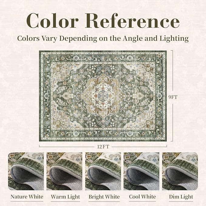 PADOOR 9X12 Area Rug,Rugs for Living Room,Soft Olive Rugs for Bedroom,Machine Washable Rug Non Slip Carpet for Dining Room Living Room Bedside Office