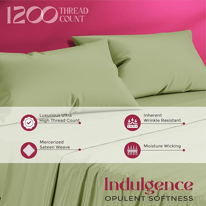 Mayfair Linen 100% Egyptian Cotton Full Size Bed Sheets - Luxury 1200 Thread Count Egyptian Cotton Sheets Full Size Bed Set (4 PC, Sage Green), Soft, Cooling, 17" Deep Pocket Sateen Weave Bedding