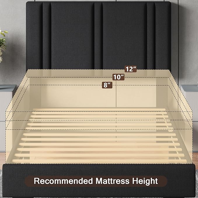 Upholstered Twin Size Bed Frame with Linen Fabric Headboard, Strong Wooden Slats Support, Noise Free, No Box Spring Needed, Black