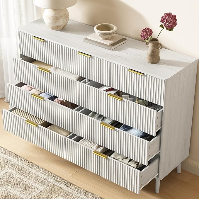 CARPETNAL Fluted 9 Drawer Dresser for Bedroom, 55" Wide Wooden Chest of Drawers with Rounded Corners, Gold Handles, Modern Storage Organizer for Bedroom, Hallway(White)