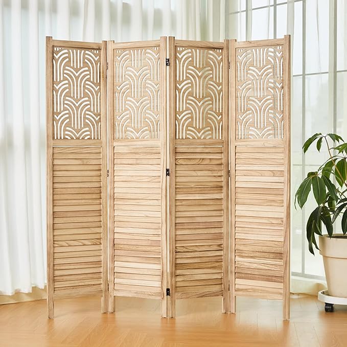 Svimi Folding Room Divider, 66.9 Inch 4 Panels Wood Carved Privacy Screens, Free Assembled Freestanding Portable Separation Wall for Home Office Bedroom (Natural)