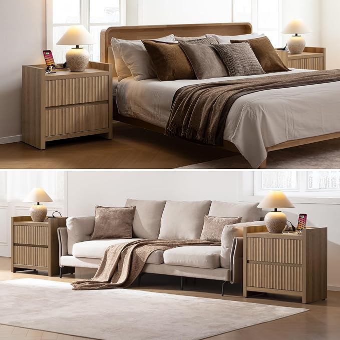 SICOTAS Night Stands Set of 2-Fluted Nightstands with Charging Station- Modern 2 Drawers Nightstand 25" Tall Bedside Table End Table, Large Night Stand for Bedroom, Sofa Side