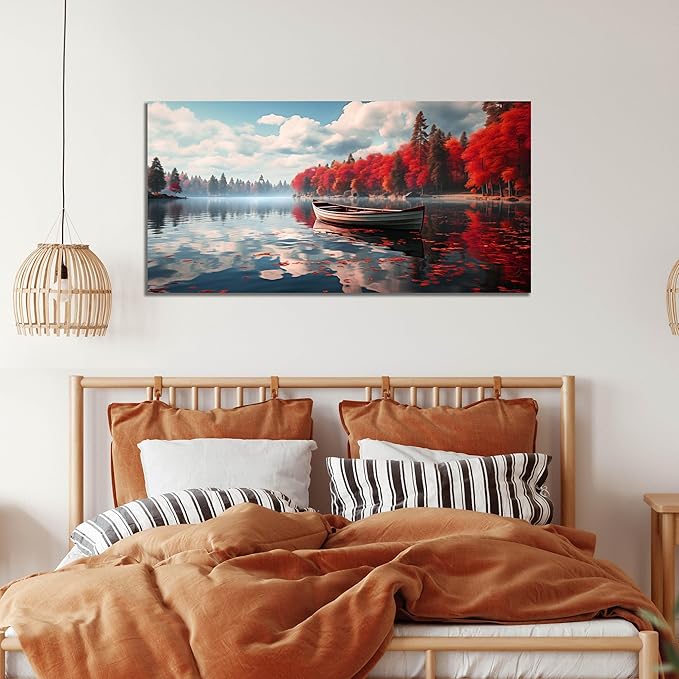 Large Wall Art for Living Room Bedroom Office Red Forest Wall Art Lake Landscape Pictures Modern Artwork Framed Canvas Prints 20x40 Inch