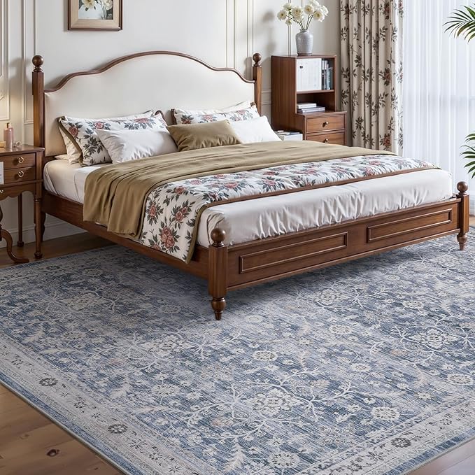 MontVoo-Vintage Area Rug 6X9 Blue Rugs for Living Room-Soft Distressed Printed Rugs for Bedroom-Non Slip Carpet-Machine Washable Rug for Dining Room Living Room Bedside Office