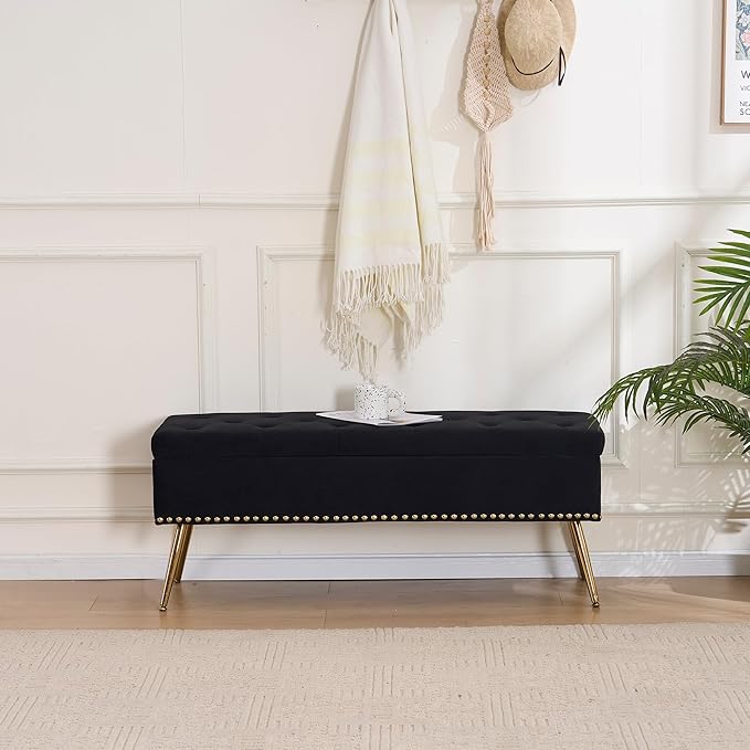 Velvet Storage Bench with Gold Legs& Nailhead Trim, 46" Wide Upholstered Modern Bedroom Bench for End of Bed, Tufted Ottoman for Entryway Living Room Dining Room (Black, 46" Wide)