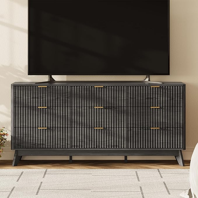 63'' Wide 9 Drawers Dresser for Bedroom,Modern Fluted Vertical Chest with Rounded Corners,Fluted Dresser for Living Room,Hallway, Black