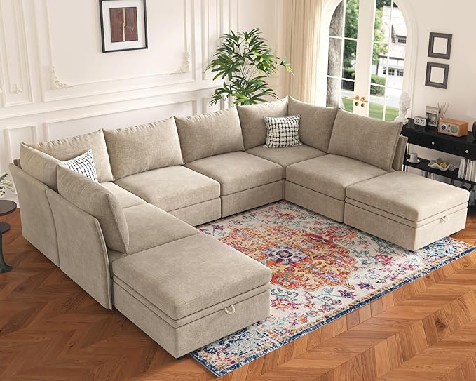 ABCASA 136.4" Oversized Modular Sectional Sleeper Sofa Bed, U Shaped Convertible Couch with Movable Ottoman, Large 8 Seat Corner Couches for Living Room Deep Seat Beige Chenille