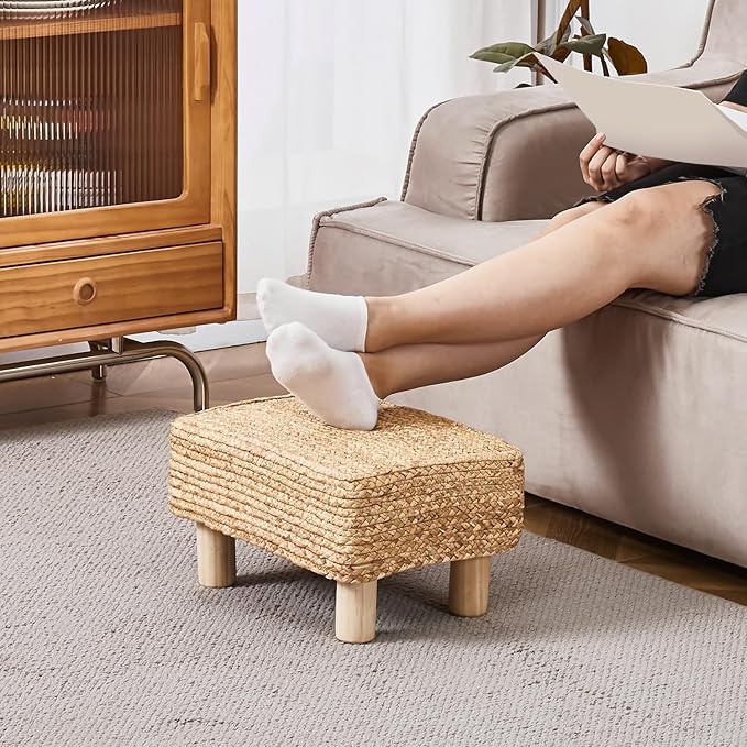 Wimarsbon Natural Seagrass Footstool Ottoman Rectangular Footrest Pouf Ottomans with Wooden Legs Hand Weave Step Stool for Living Room Bedroom Entryway Natural