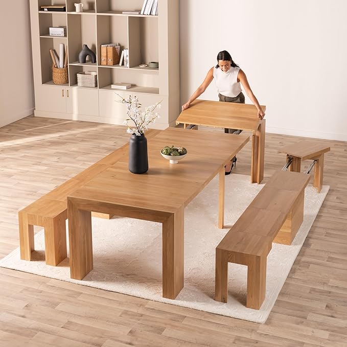 Transformer Table - Solid Wood Extendable Dining Table with 2 Benches, Seats 2-12, Extendable Table, Space-Saving Furniture, Expandable Furniture, Scandinavian Oak, Natural Finish (Table + 2 Benches)