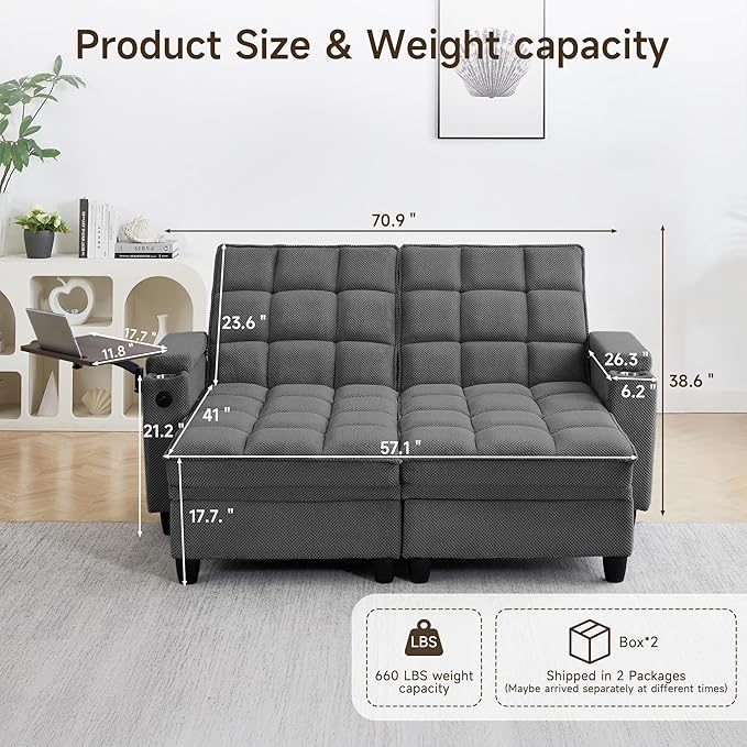 70.9" Chaise Lounge Chair Indoor, Oversized Boucle Upholstered Sofa Bed, Adjustable Backrest Deep Seat Reading Chair, Sofas Couches for Living Room with Storage, Cup Holders & 360° Swivel Side Table