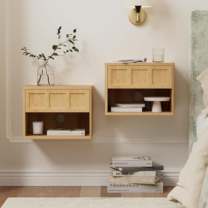 Floating Nightstand Set of 2, Wall Mounted Bedside Table with Storage Drawer and Open Shelf, Night Stand with Curved Corners for Living Room, Bedroom, Dorm, Natural Oak