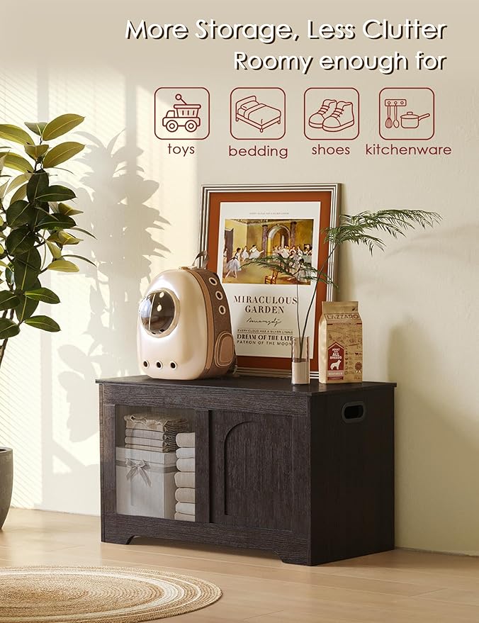DINZI LVJ Storage Chest, 31.5”Wooden Toy Box with 2 Safety Hinges, Entryway Storage Bench with Flip-Top, Sturdy Storage Trunk for Living Room, Bedroom, Easy Assembly, Espresso