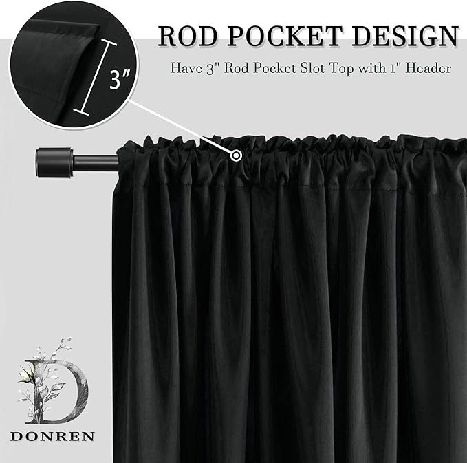 DONREN Bedroom Window Treatments Blackout Curtains - Thermal Insulating Rod Pockets Drapes Panels for Living Room (52 by 90 Inches,2 Panels,Black)