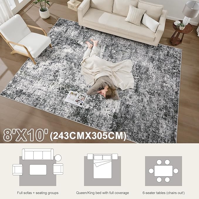 Area Rug Living Room Rugs - 8x10 Large Soft Indoor Neutral Modern Abstract Low Pile Washable Rug Carpet for Bedroom Dining Room Farmhouse Home Office - Grey