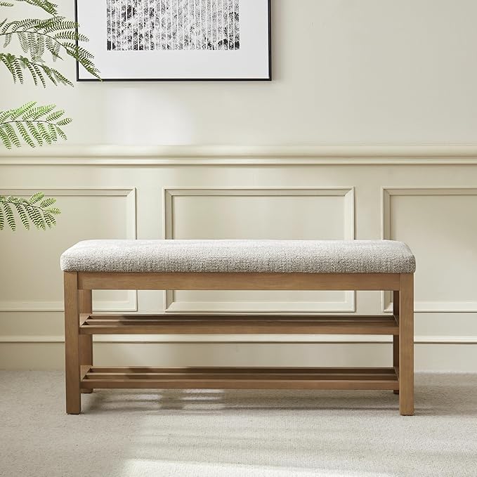 VKNOW Entryway Bench, 44.3” Upholstered Shoe Bench for Bedroom, 2-Tier Storage End of Bed Bench with Rubberwood Legs for Living Room, Hallway, Brown
