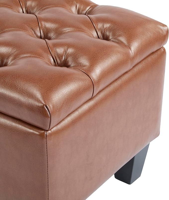 GDFStudio Boucle Storage Ottoman Bench with Button Tufting, 50.75” Upholstered Entryway Bench with Hidden Storage, Soft Close Lid, Rubberwood Legs, Extra Seating for Bedroom, Living Room – Brown