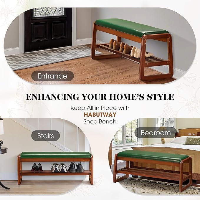 HABUTWAY Solid Wood Shoe Rack, Entryway Shoe Bench with Cushion, 2 Tier Shoes Organizer for Entryway, Hallway, Living Room-(Green,39.37"-L)