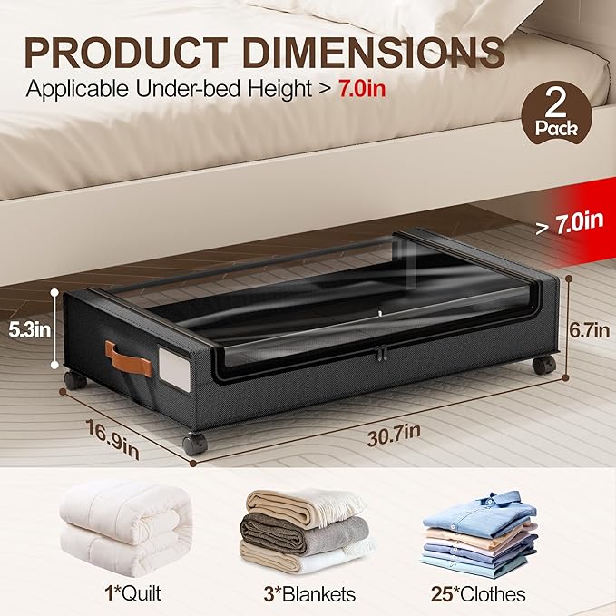 LAMU Under Bed Storage with Wheels, 2 Pack Under Bed Storage Containers with Clear Lid, XXL 60L Underbed Storage Bins, Rolling Under Bed Metal Drawers for Clothes, Blankets, Shoes, Black