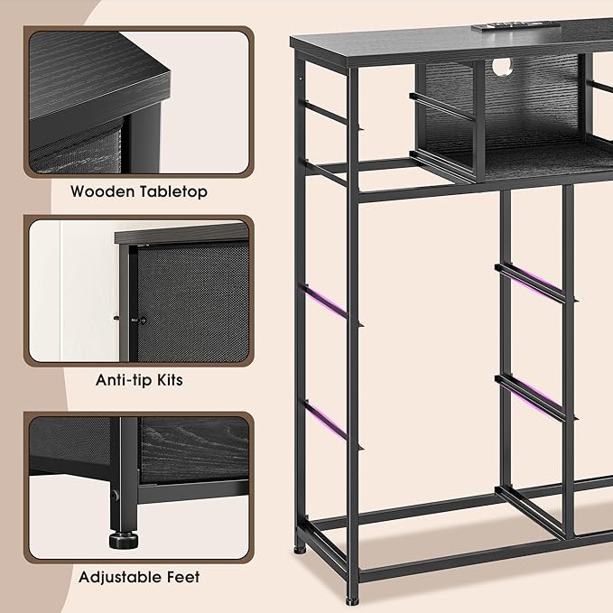 Dresser for Bedroom with 10 Drawers Featuring LED Light and Power Outlet, Fabric Dressers & Chest of Drawers with Open Shelves for Hallway, Living Room, Metal Frame,Wood Top,Grain Black