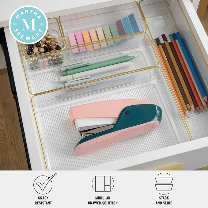 Martha Stewart Kerry Plastic Stackable Office Desk Drawer Organizers, Set of 6, with Gold Trim