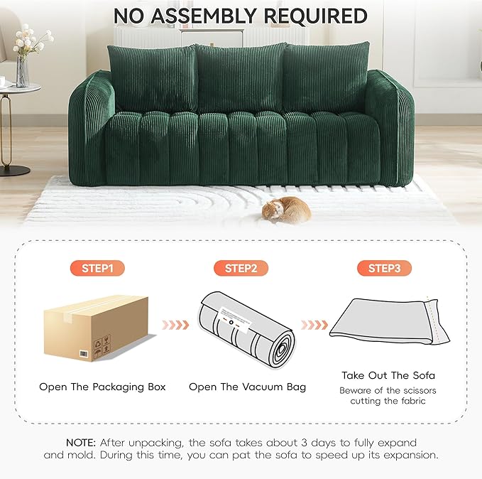 83'' Boneless Corduroy Sofa, Oversized 3 Seater Deep Seat Couch with Rounded Armrest, Modern Upholstered Cloud Sofa for Living Room, No Assembly, Grey