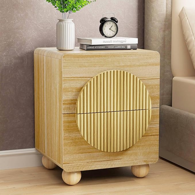 23" Nightstand with Solid Wood Legs, Modern Style Bedside Table with Round Moon Handle & Storage, Mid Century Cute Night Stand for Bedroom, Side Table, End Table, Natural Oak