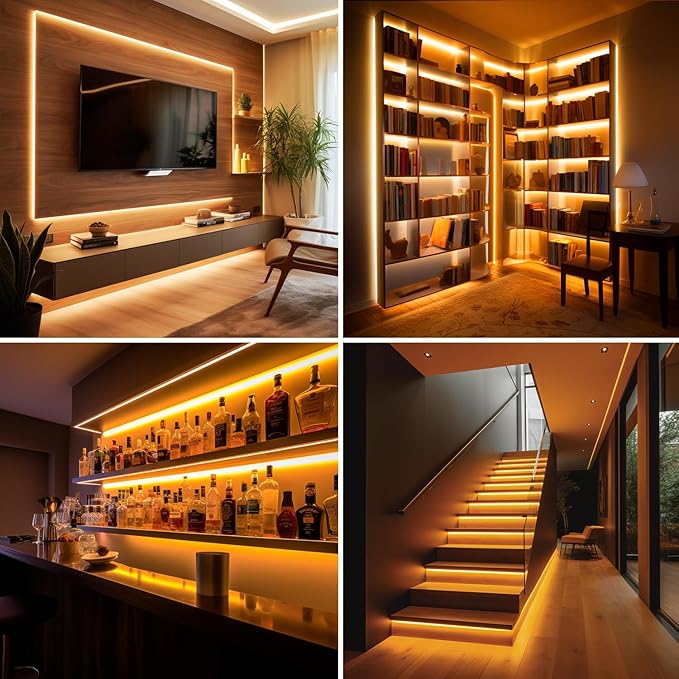 COB LED Strip Light 2700K, 24ft Dimmable Warm White LED Strip Light, CRI92+, DC24V Tape Light with RF Remote Timer Function, Bluetooth App Control for Home Bedroom Kitchen DIY Lighting.