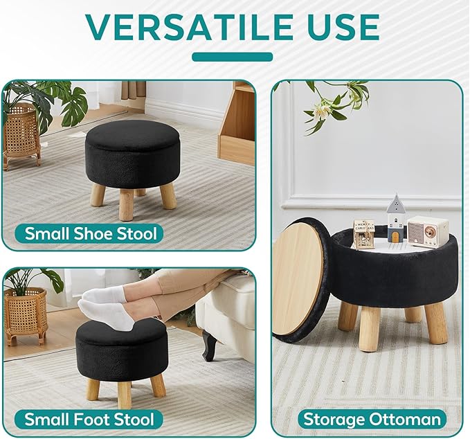 FIMIVIBI Small Foot Stool Ottoman with Storage, Soft Faux Fur Ottoman Foot Rest for Couch, Round Footstool with Storage, Small Ottomans and Footstools for Living Room and Entryway (Black)