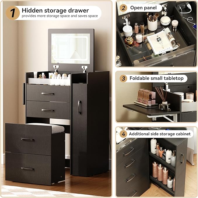 3 in 1 Vanity Desk with Flip Top Mirror, LED Lights, Side Cabinet,Collapsible Desk Panel, Hidden Stool with Storage, Small Makeup Vanity Table with Power Outlets, Compact Vanity, Black PT01DTB