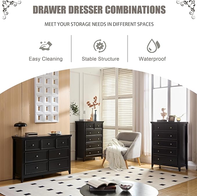 Black Modern 6 Drawer Storage Cabinet, Stylish Living Room Furniture, Farmhouse Style Dresser with Spacious Drawers Ideal for Entryway and Hallway Storage