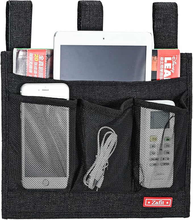 Linen Bedside Caddy, Bedside Storage Organizer for Hospital Beds, College Dorm Rooms or Baby Bed (Classic 4 Pockets Black)