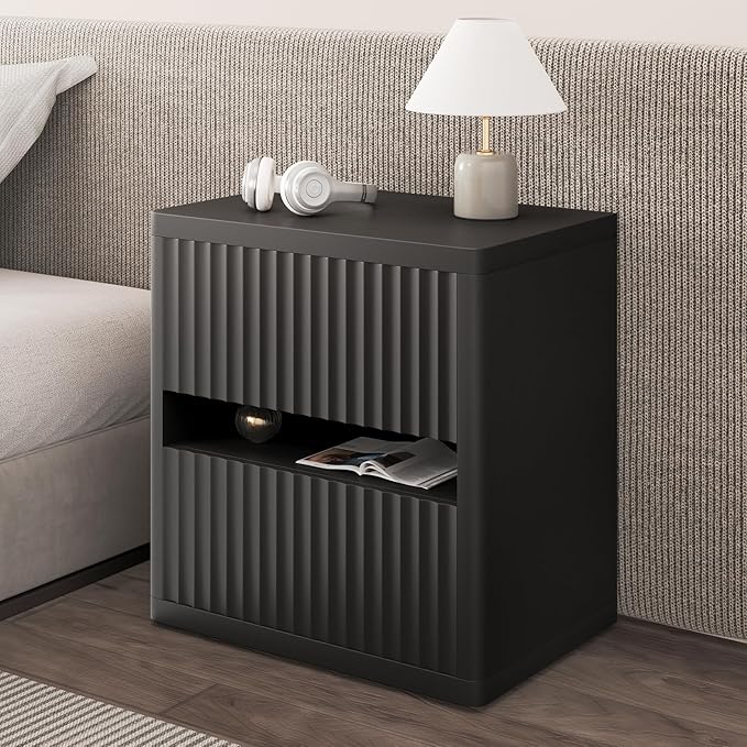 Dripex Fluted Nightstand with 2 Drawers, Large Wide Wood Night Stand Bedside Tables for Bedroom, Mid-Century Modern Storage Bed Side Table, End Tables for Living Room Sofa Couch, Black, Set of 1