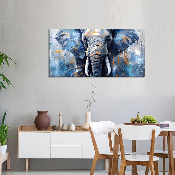 ENTANUB Elephant Wall Art for Bedroom, Animal Canvas Wall Art for Living Room, Blue Picture Print, Size 48x24 Inches