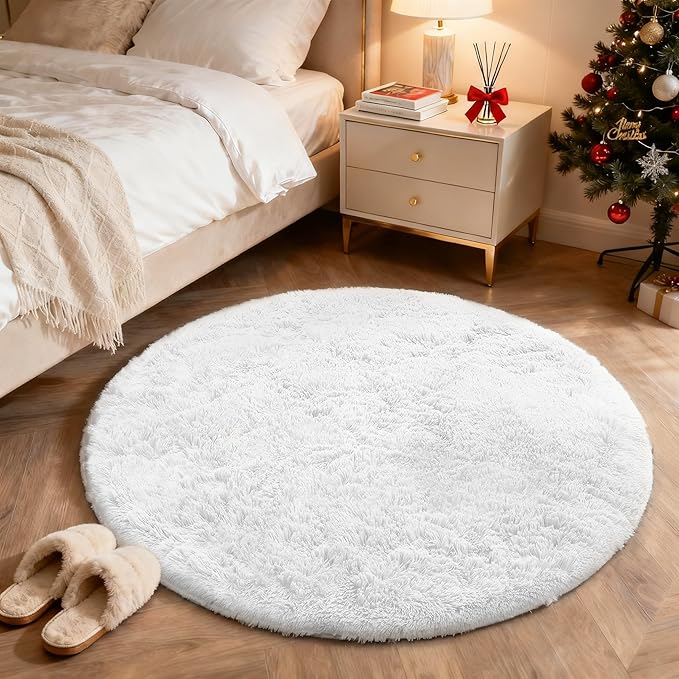 OLANLY White Round Rugs for Bedroom - Machine Washable, 4 ft Circle Area Rugs for Living Room, Soft and Fluffy Shaggy Carpet for Teen Girls and Boys, Nursery Rooms, Dorms, Home Decor Aesthetic