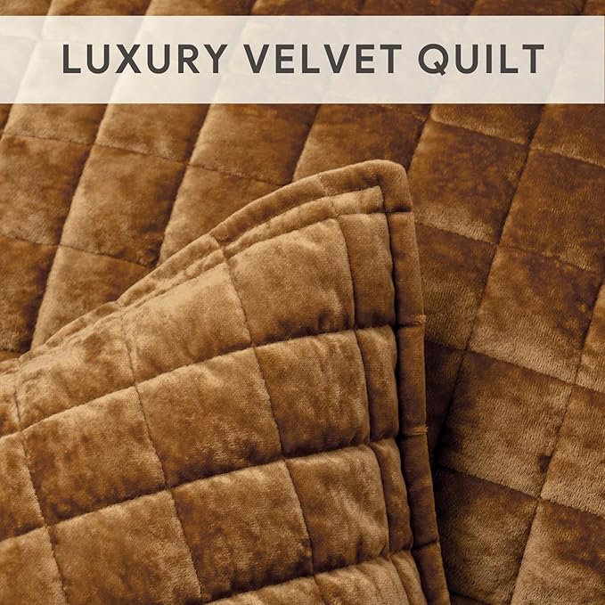RECYCO Luxury Velvet Quilt Set Full Queen Size Bedding Sets, Ultra Soft Velvet Comforter Set, Lightweight Channel Box Stitch Oversized Bedspread Coverlet for All Season, with 2 Shams, Caramel Gold