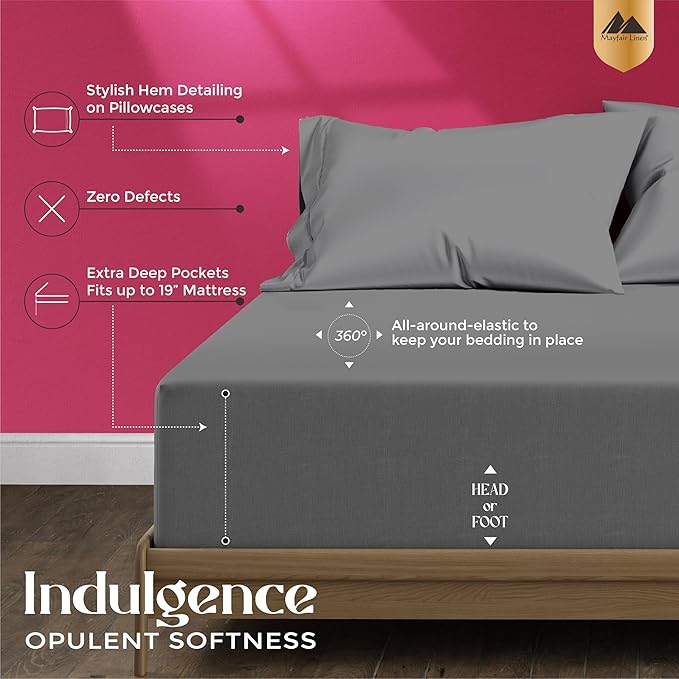 Mayfair Linen 100% Egyptian Cotton Sheets King Size - 1200 Thread Count King Size Sheets Set Egyptian Cotton, 4 PC Luxury Bedsheet (Dark Grey), Soft, Cooling, 17" Deep Pocket Sateen Weave Bedsheet Set