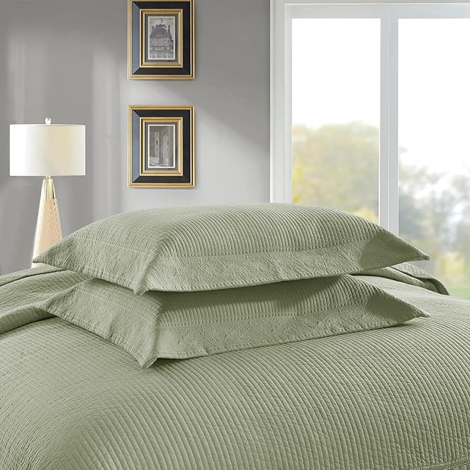 MarCielo 3-Piece 100% Cotton Oversized Bedspread Lightweight Quilt Coverlet Embroidery Farmhouse Bedding Set (TG Pale Green, Oversized King (118"x106"))