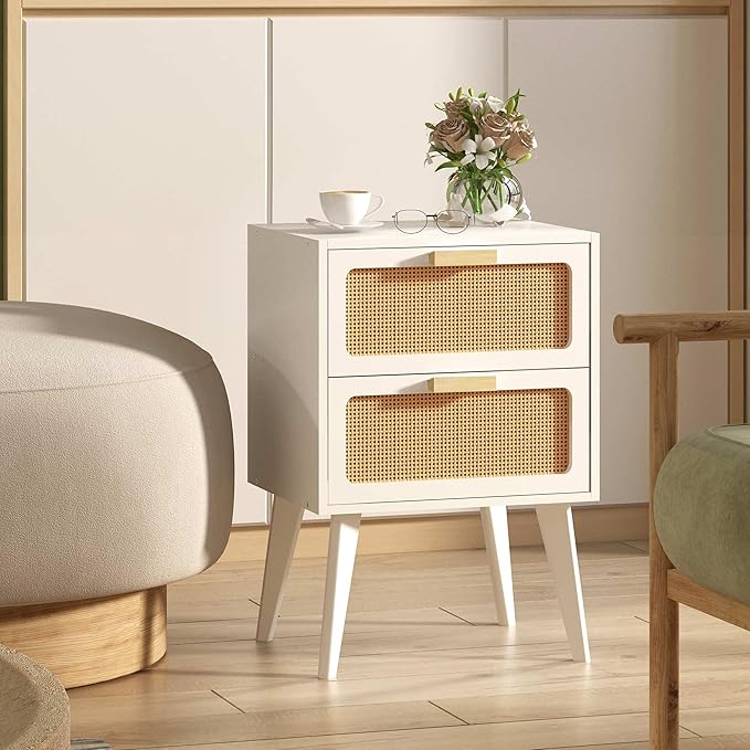 YAUKOMEL Rattan Nightstand, Wood End Table, Side Table with 2 Hand Made Rattan Decorated Drawers,Boho Bedside Table,Wood Accent Table with Storage for Livingroom, Bedroom, White CTG59W