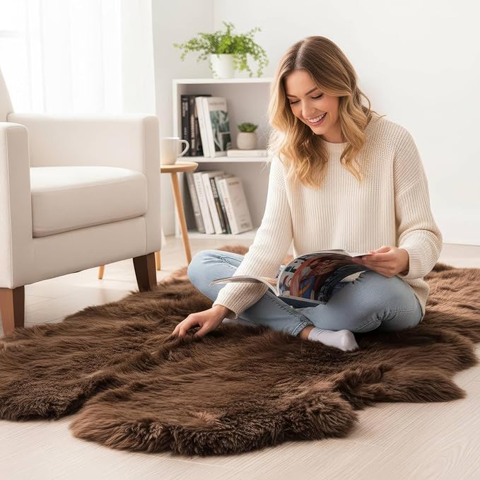 Genuine Dark Brown Sheepskin Rug, Real Fluffy Quad Pelt 4x6 ft Fur Area Rug for Living Room, Bed & Home Decor, Natural Sheep Skin Throw