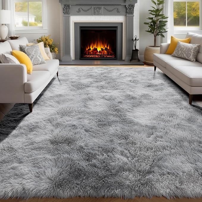 PAGISOFE Abstract Shaggy Machine Washable Area Rug 4' x 6' Plush Soft Fluffy Fuzzy Furry Carpet for Living Room, Home Decor Aesthetic Tie-Dyed Light Grey Bedside Rugs, Nursery Grils Boys Kids Room