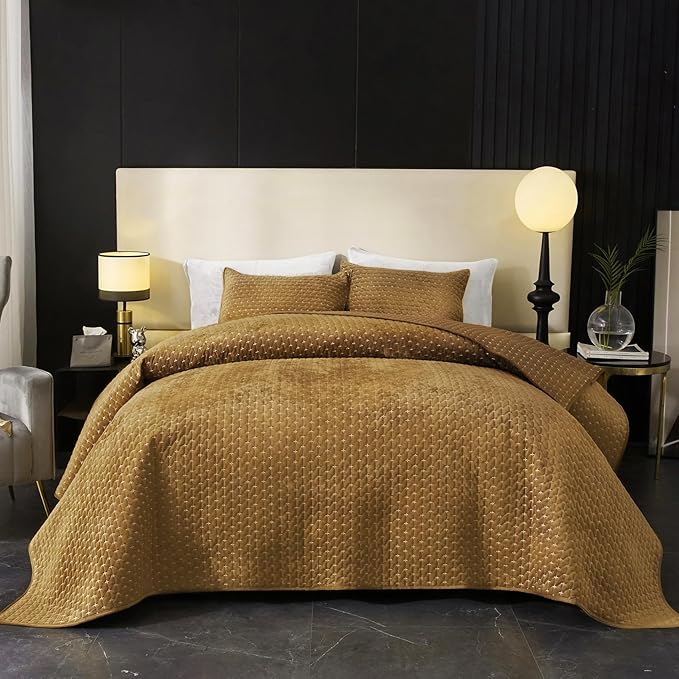 Powdion Velvet Quilt Queen, Oversized Bedspread Quilted Bedding Set, Luxurious Soft Coverlet Set Lightweight Velvet Comforter with 2 Pillow Shams,Brwon, 90x96 Cross Stitch Striped Quilt Queen