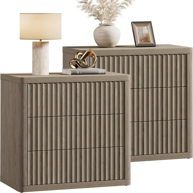 SICOTAS Night Stand Set 2 - Oversized Extra Large Bedside Table Modern Side Table with Storage Fluted 3 Drawer Nightstand 27.5" W End Tables Dorm Room Nightstands for Bedroom Sofa Couch Home Office