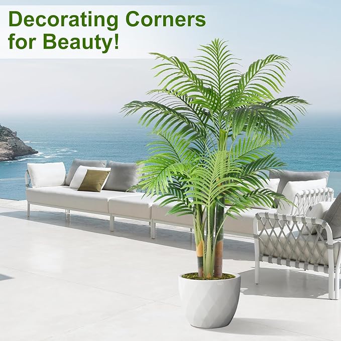 5ft Tall Triple Golden Cane Palm Artificial Tree Large Tropical Palm Tree UV Resistant Fake Plant in Pot for Indoor Outdoor Big House Living Room Outside Patio Office Home Decor 1Pack